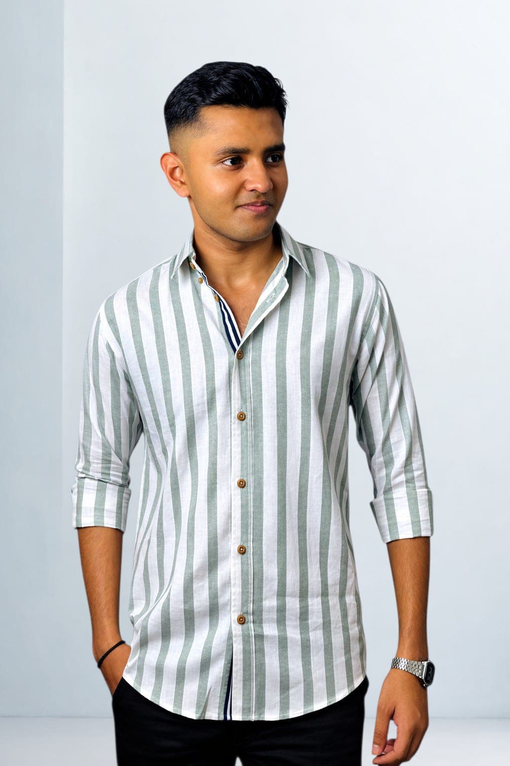Premium Green & White Vertical Stripe Casual Shirt
