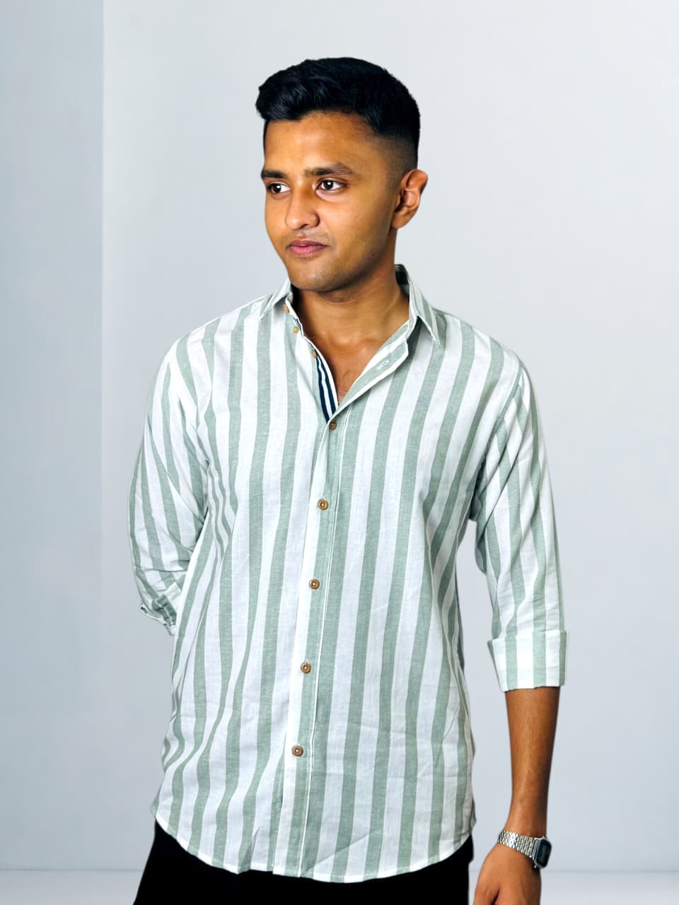 Premium Green & White Vertical Stripe Casual Shirt - Back View