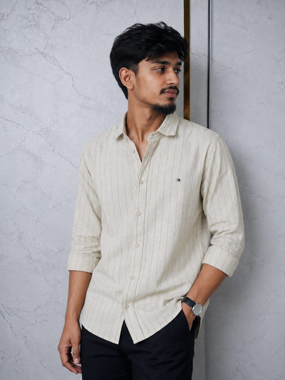 Premium Remy Cotton Vertical Stripe Shirt – Beige