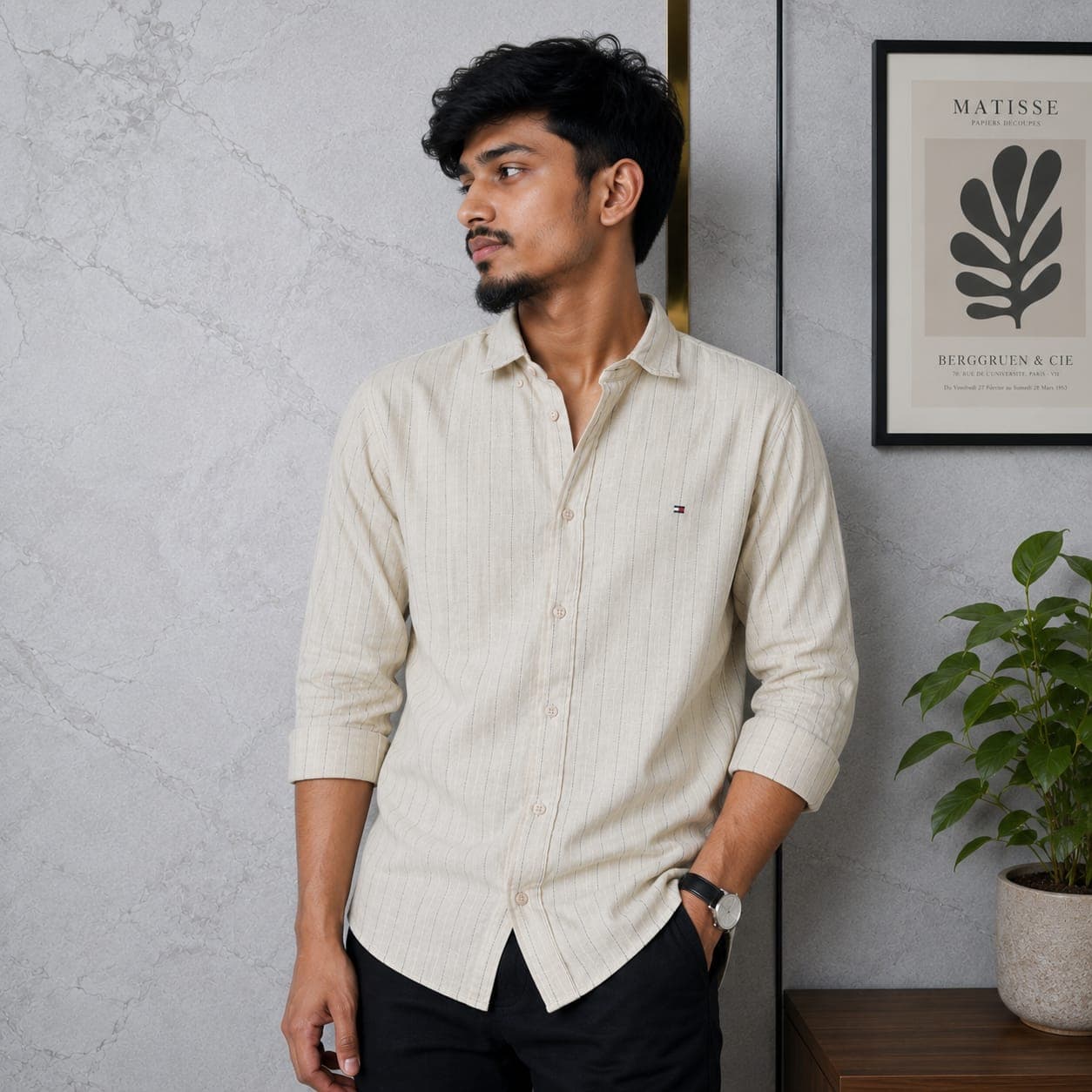 Premium Remy Cotton Vertical Stripe Shirt – Beige - Back View