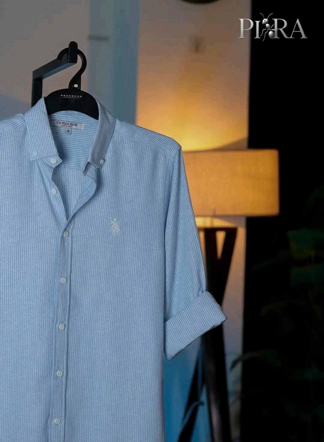 Premium Remy Cotton Sky Blue Fine Stripe Classic Button-Down Full Sleeve Shirt