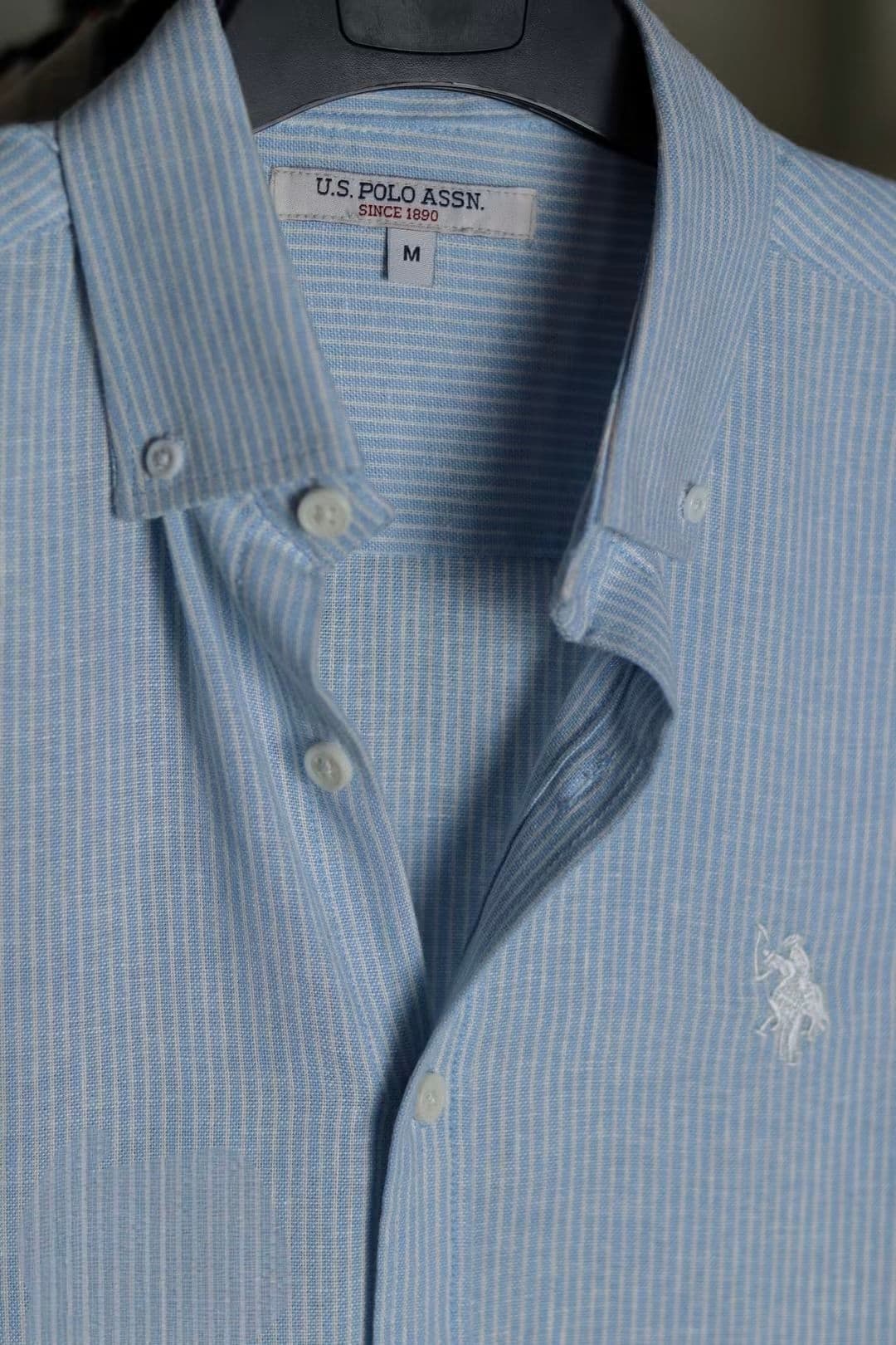 Premium Remy Cotton Sky Blue Fine Stripe Classic Button-Down Full Sleeve Shirt - Back View