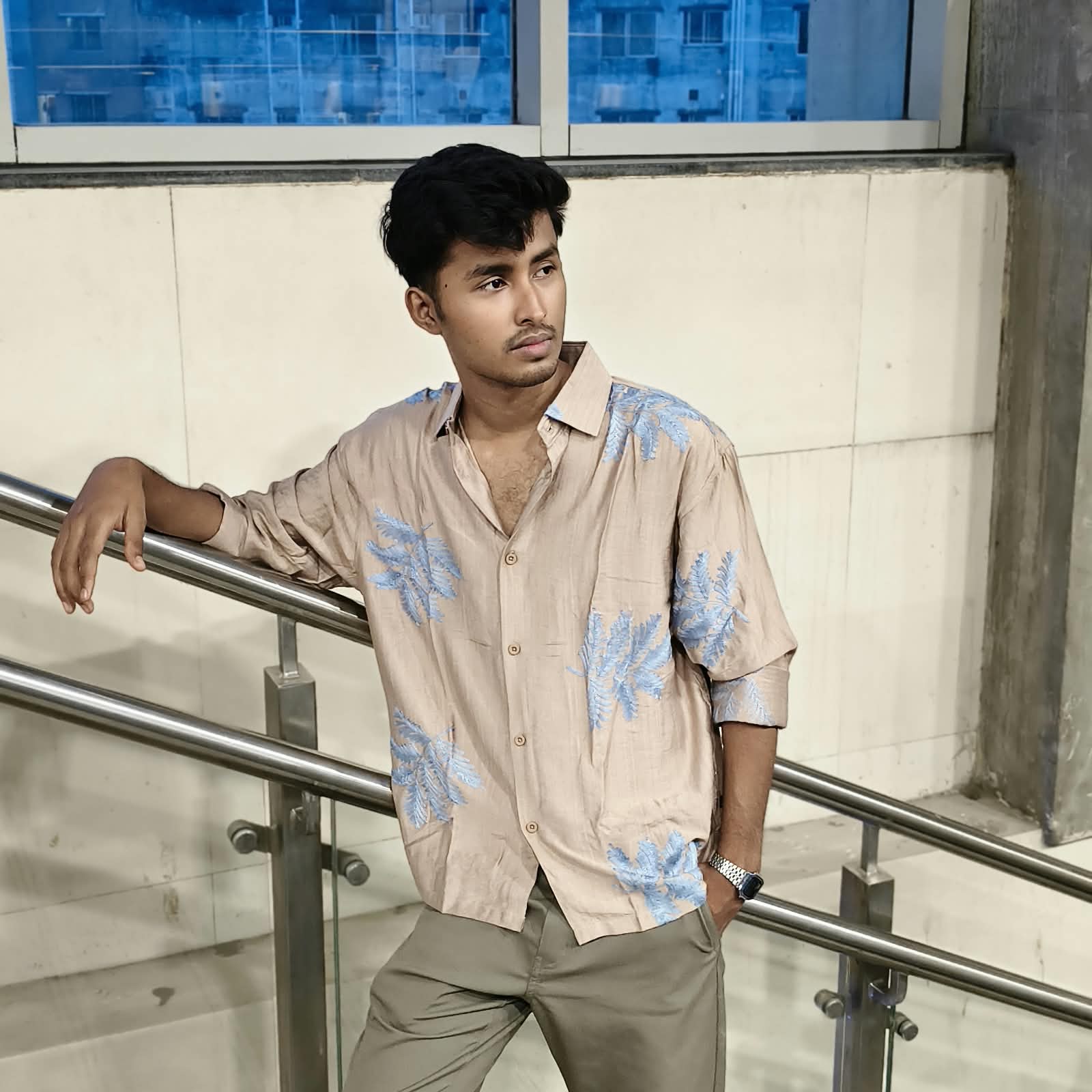 Premium Beige Embroidered Casual Shirt