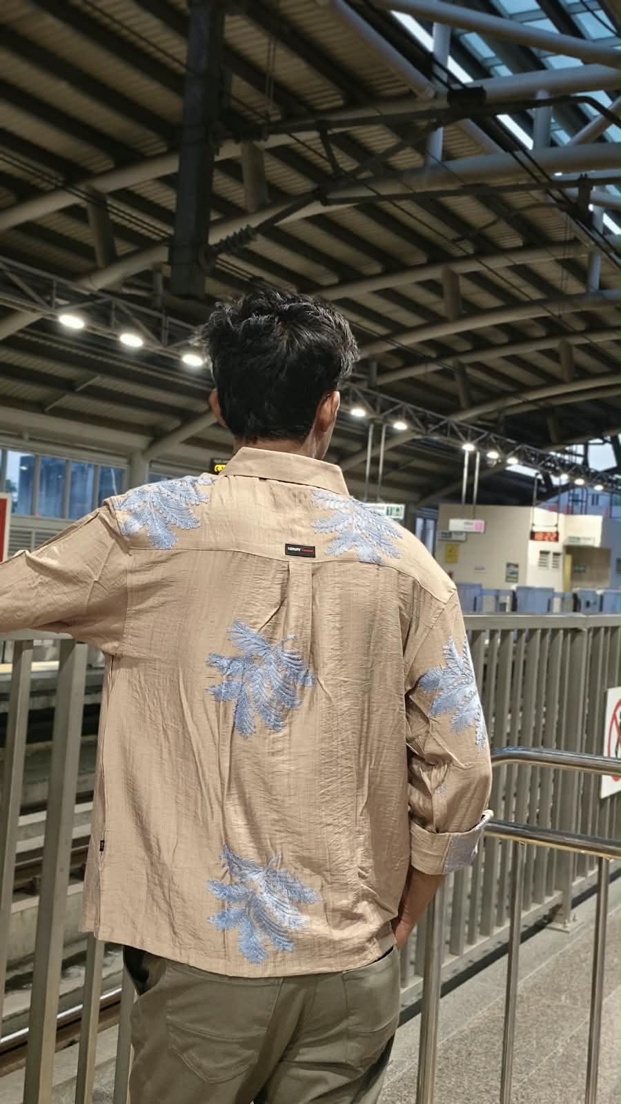 Premium Beige Embroidered Casual Shirt - Back View